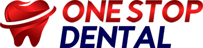 The image features a logo for  One Stop Dental,  which includes a graphic of a tooth and a phone, set against a white background with a red border.