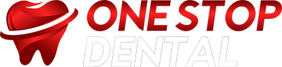 The image is a logo for  One Stop Dental,  featuring a red heart symbol and the text  ONE STOP DENTAL  prominently displayed.