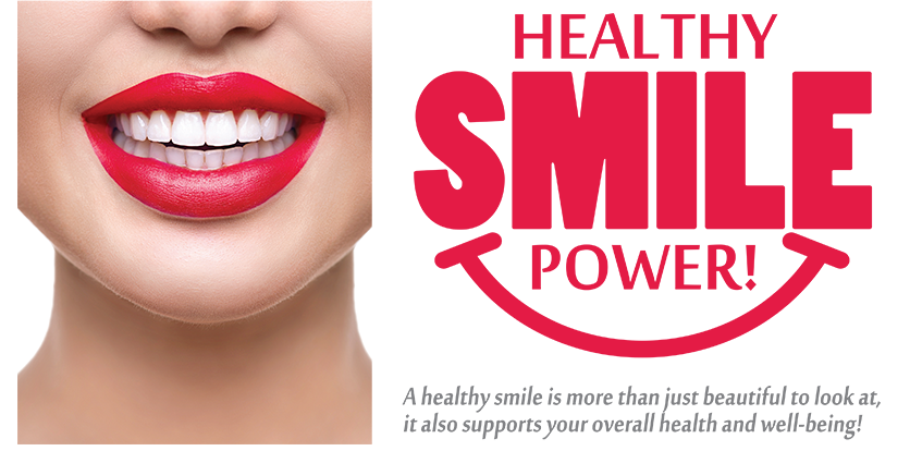 The image shows a close-up of a person s face with red lipstick, and there is text overlaying the image that reads  HEALTHY SMILE POWER.