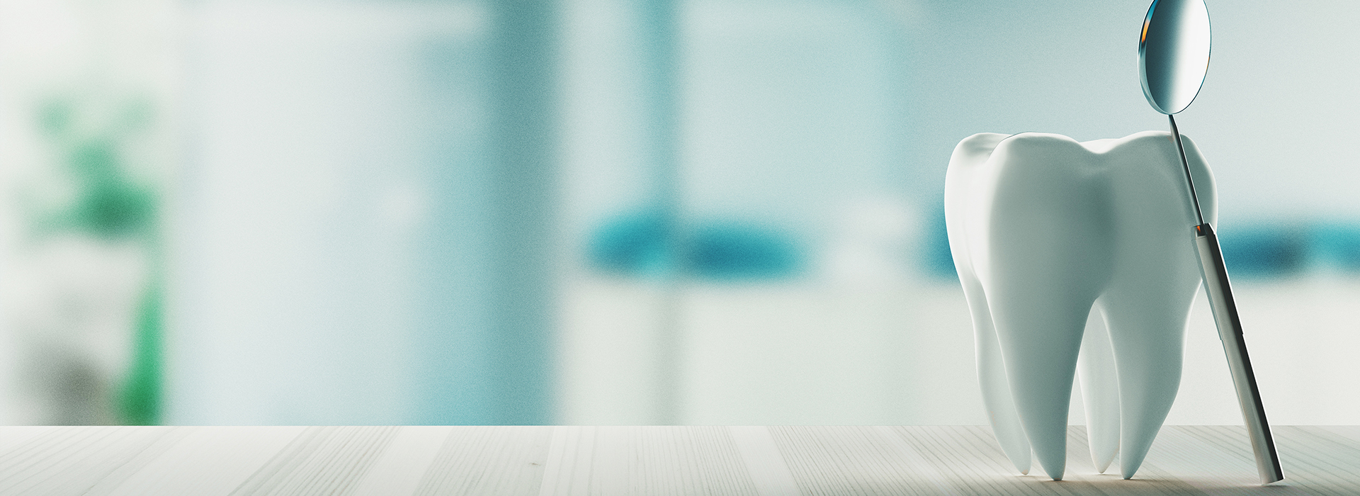 The image shows a dental implant model in the foreground, with a blurred background featuring a person holding a toothbrush and a toothpaste tube.