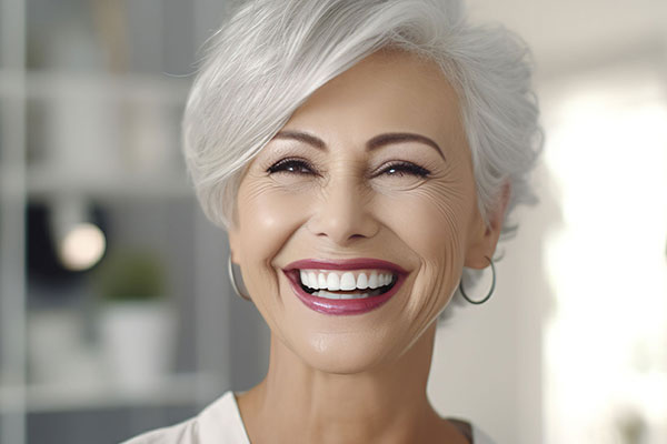 An elderly woman with white hair, wearing a white top, smiling broadly at the camera.